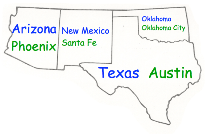 Southwest region map with capitals