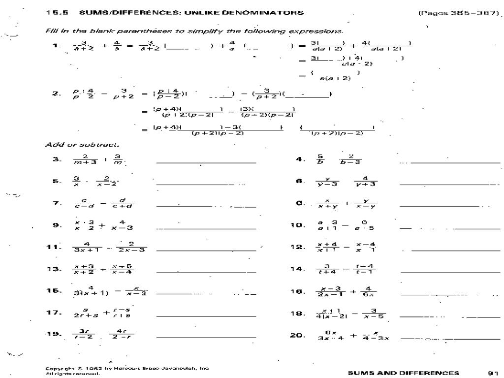 Adding and subtracting rational expressions worksheet answers